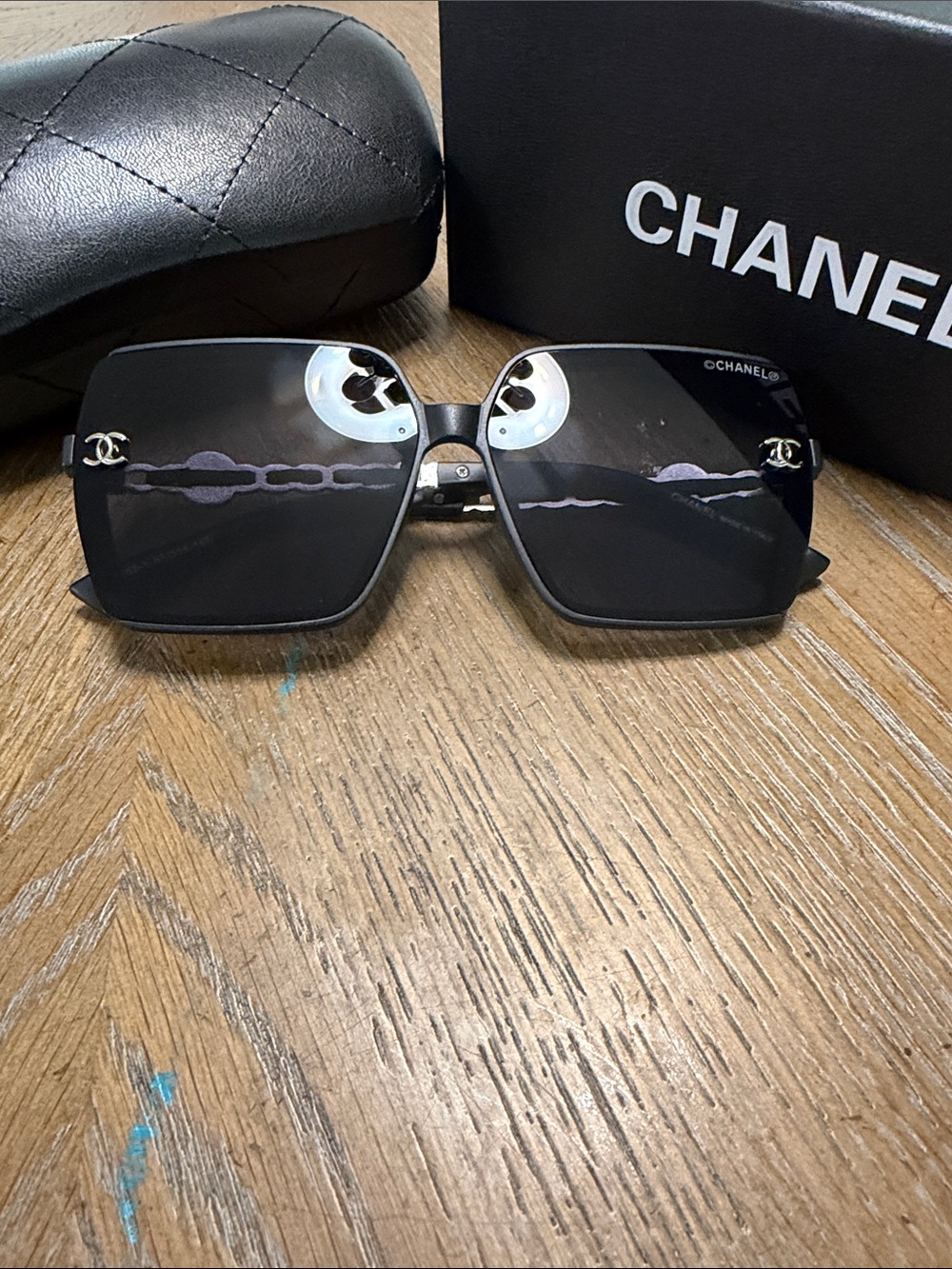 CHANEL Black & Silver Oversized Square Sunglasses with CC Emblem - Picture 3 of 10